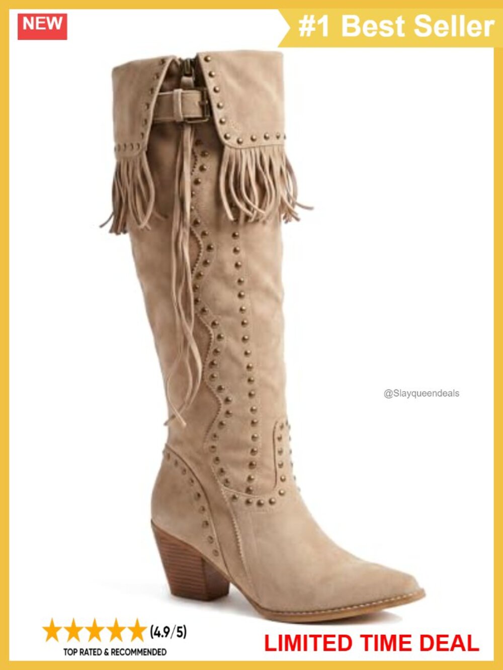 Faux Suede Fringe Knee-High Cowboy Boots Studded Block Heel Western